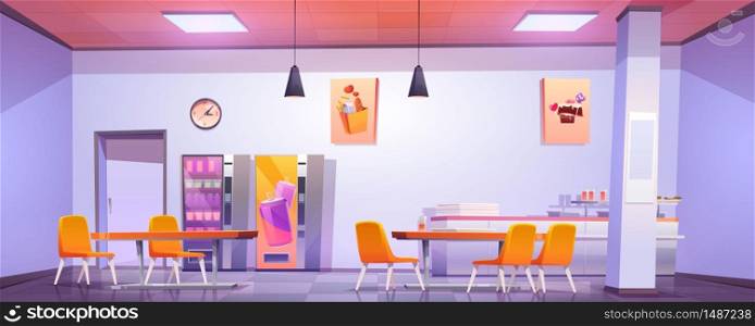Canteen interior in school, college or office. Vector cartoon illustration of cafeteria, dining room in university, cafe with tables and chairs, counter bar and vending machines with food and drink. Canteen interior in school, college or office