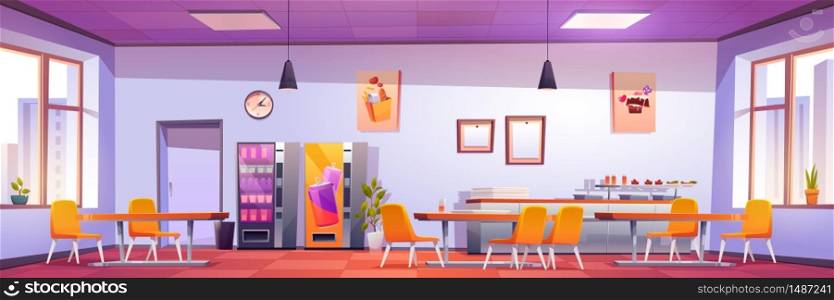 Canteen interior in school, college or office. Vector cartoon illustration of cafeteria, dining room in university, cafe with tables and chairs, counter bar, vending machines, menu on wall and windows. Canteen interior in school, college or university