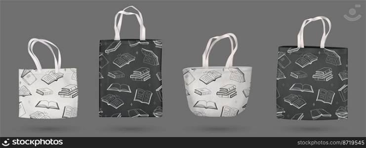 Canvas or tote bags with books print. Cloth totebag with handle made of fabric and eco linen 3d mockup. Black and white cotton reusable shopping pouch for shopper and grocery Realistic vector template. Canvas or tote bags with books print, totebag