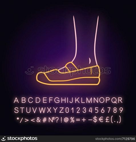 Canvas shoes neon light icon. Women and men stylish footwear design. Unisex casual flats, modern comfortable espadrilles. Glowing sign with alphabet, numbers and symbols. Vector isolated illustration