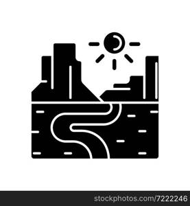 Canyon black glyph icon. Narrow and deep ravine. Water flow formed land type. Trench with steep rock side. Erosion created landform. Silhouette symbol on white space. Vector isolated illustration. Canyon black glyph icon