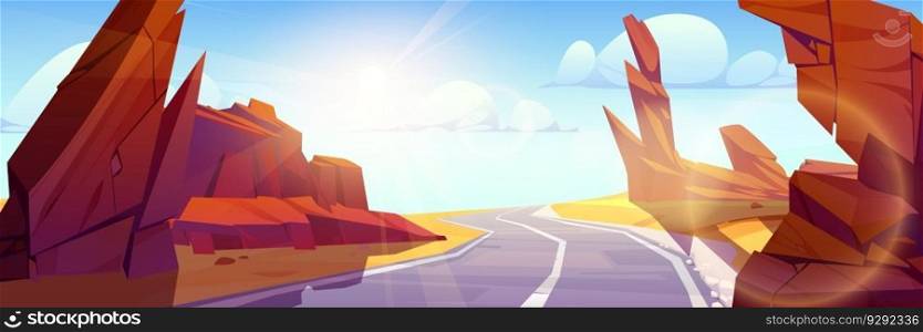 Canyon desert road landscape vector background illustration. Arizona highway with sand and rock wild valley scene. Beautiful endless southwest route on sunny day near red boulder perspective view. Canyon desert road landscape vector background