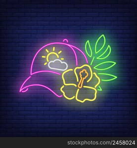 Cap and flowers neon sign. Summer, vacation, holiday. Vacations concept. Vector illustration in neon style for advertising, tourism, marketing