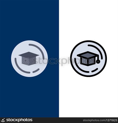 Cap, Education, Graduation Icons. Flat and Line Filled Icon Set Vector Blue Background