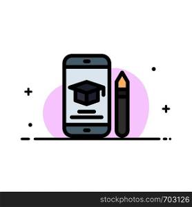 Cap, Education, Graduation, Mobile, Pencil Business Flat Line Filled Icon Vector Banner Template