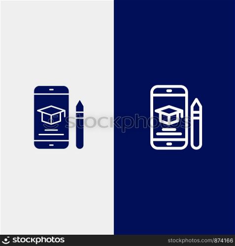 Cap, Education, Graduation, Mobile, Pencil Line and Glyph Solid icon Blue banner Line and Glyph Solid icon Blue banner