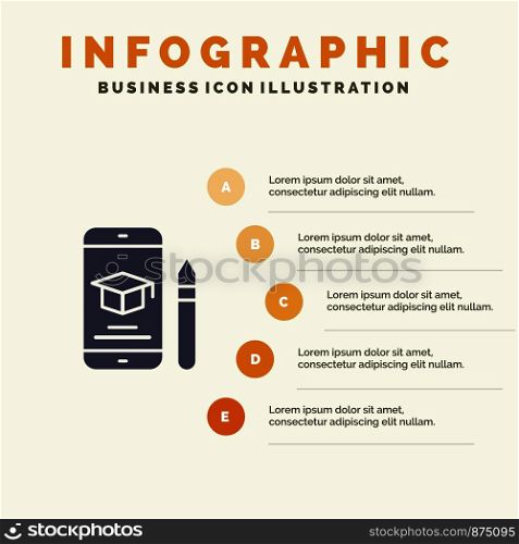 Cap, Education, Graduation, Mobile, Pencil Solid Icon Infographics 5 Steps Presentation Background
