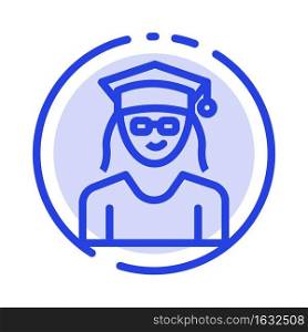 Cap, Education, Graduation, Woman Blue Dotted Line Line Icon