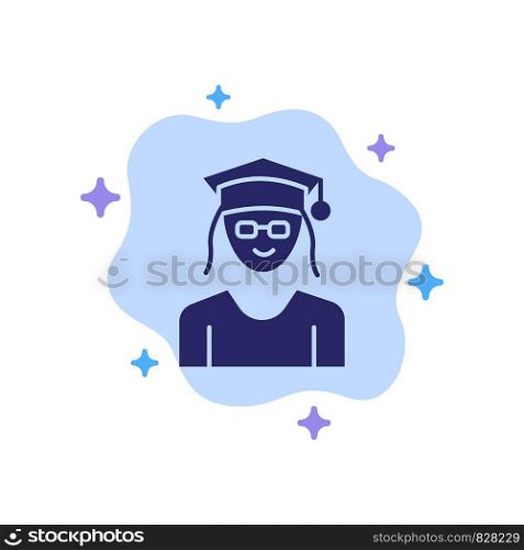 Cap, Education, Graduation, Woman Blue Icon on Abstract Cloud Background