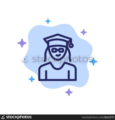 Cap, Education, Graduation, Woman Blue Icon on Abstract Cloud Background