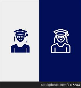Cap, Education, Graduation, Woman Line and Glyph Solid icon Blue banner Line and Glyph Solid icon Blue banner