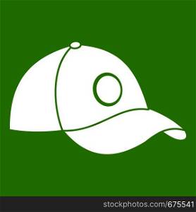 Cap icon white isolated on green background. Vector illustration. Cap icon green