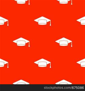 Cap student pattern repeat seamless in orange color for any design. Vector geometric illustration. Cap student pattern seamless