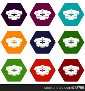 Cap taxi driver icon set many color hexahedron isolated on white vector illustration. Cap taxi driver icon set color hexahedron