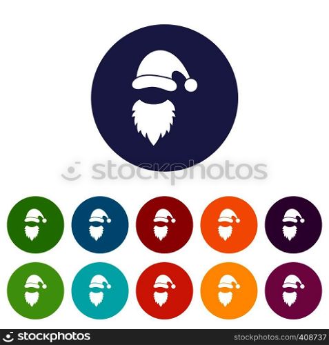 Cap with pompon of Santa Claus and beard set icons in different colors isolated on white background. Cap with pompon of Santa Claus and beard set icons