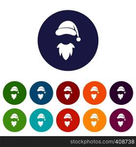 Cap with pompon of Santa Claus and beard set icons in different colors isolated on white background. Cap with pompon of Santa Claus and beard set icons