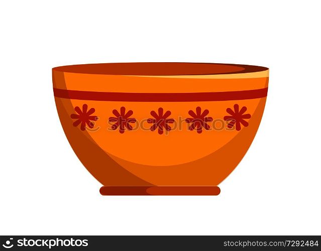 Capacious ceramic bowl with small flowers pattern and thin stripe. Convenient kitchenware isolated cartoon vector illustration on white background.. Capacious Ceramic Bowl with Small Flowers Pattern