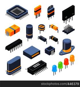 Capacitor, different chips, semiconductor and electrical components for electronic parts. Vector electrical component technology illustration. Capacitor, different chips, semiconductor and electrical components for electronic parts