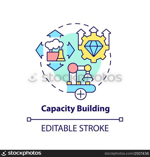 Capacity building concept icon. Facility development. International cooperation abstract idea thin line illustration. Isolated outline drawing. Editable stroke. Arial, Myriad Pro-Bold fonts used. Capacity building concept icon