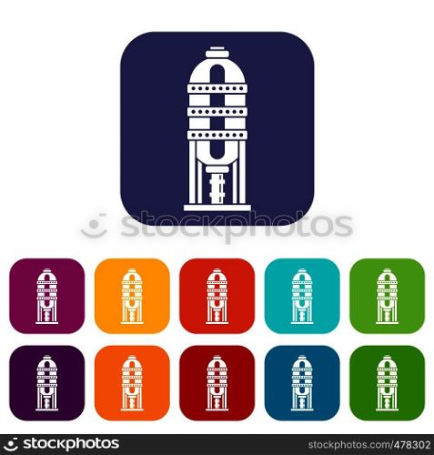 Capacity for oil storage icons set vector illustration in flat style in colors red, blue, green, and other. Capacity for oil storage icons set