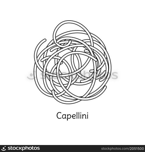 Capellini pasta illustration. Vector doodle sketch. Traditional Italian food. Hand-drawn image for coloring book. Isolated black line icon. Editable stroke.