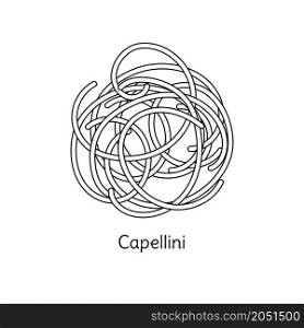 Capellini pasta illustration. Vector doodle sketch. Traditional Italian food. Hand-drawn image for coloring book. Isolated black line icon. Editable stroke.