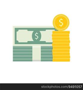 Capital flat, coin and banknotes. Vector cash dollar, currency pile, investment stack green money illustration. Capital flat, coin and banknotes