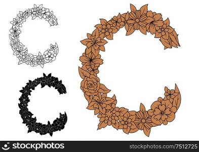 Capital floral letter C composed of roses, daisies and wildflowers in black, brown and colorless variations, for font, invitation or greeting card design. Capital letter C with blooming flowers