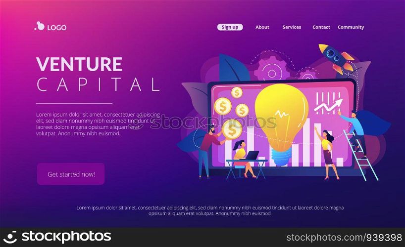 Capital fund financing small firm with high growth potential. Venture capital, venture investment, venture financing, business angel concept. Website vibrant violet landing web page template.. Venture investment concept landing page.