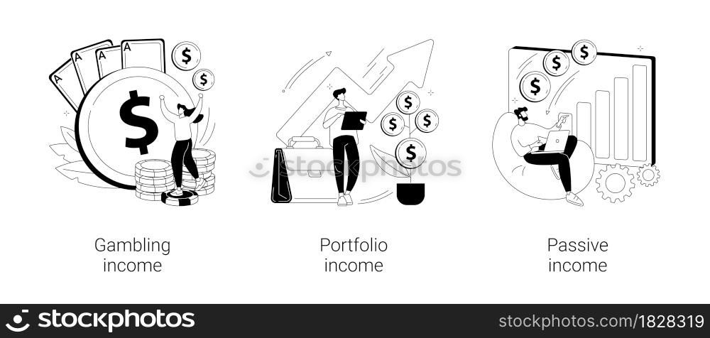 Capital gain abstract concept vector illustration set. Gambling, portfolio and passive income, online casino, investments and bonds, cash flow, money slot, mutual fund, finance abstract metaphor.. Capital gain abstract concept vector illustrations.