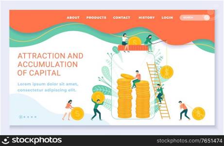 Capital growth, banking and investment web page template vector. Money and gold coins in jar, profit increase graph, investment growth. Business and finance, economy and saving homepage illustration. Investment or Capital Growth Landing Web Page
