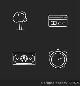 Capital growth chalk white icons set on black background. Credit card capital. Financial operation. Commercial service. Clock countdown. Growing tree. Isolated vector chalkboard illustrations. Capital growth chalk white icons set on black background