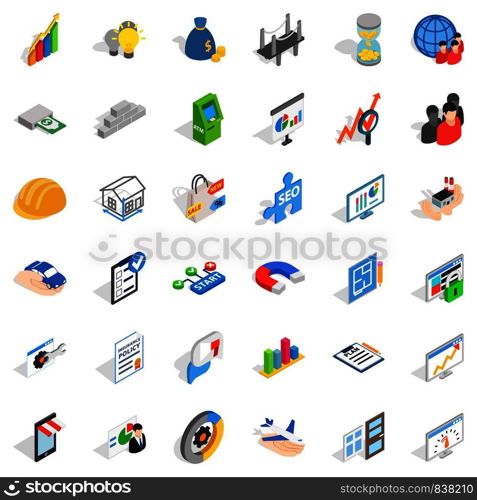 Capital icons set. Isometric style of 36 capital vector icons for web isolated on white background. Capital icons set, isometric style