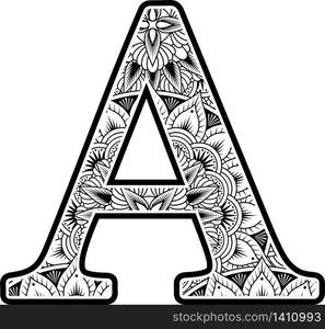 capital letter a with abstract flowers ornaments in black and white. design inspired from mandala art style for coloring. Isolated on white background