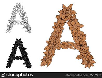 Capital letter A with flourishes, flowers and herbs. Isolated on white, for monogram or font design. Capital letter A with flourishes
