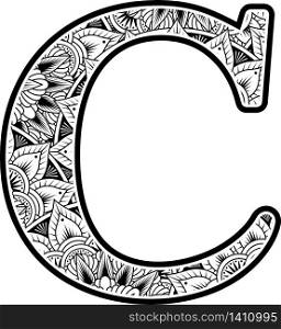 capital letter c with abstract flowers ornaments in black and white. design inspired from mandala art style for coloring. Isolated on white background