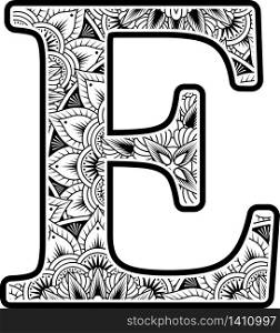 capital letter e with abstract flowers ornaments in black and white. design inspired from mandala art style for coloring. Isolated on white background