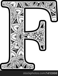 capital letter f with abstract flowers ornaments in black and white. design inspired from mandala art style for coloring. Isolated on white background