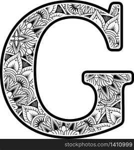 capital letter g with abstract flowers ornaments in black and white. design inspired from mandala art style for coloring. Isolated on white background