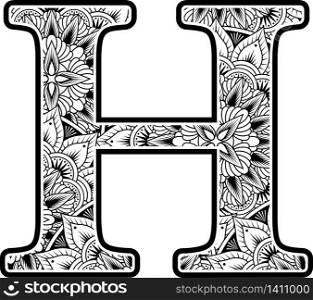 capital letter h with abstract flowers ornaments in black and white. design inspired from mandala art style for coloring. Isolated on white background