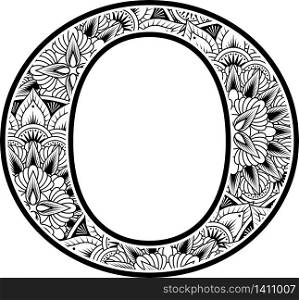 capital letter o with abstract flowers ornaments in black and white. design inspired from mandala art style for coloring. Isolated on white background