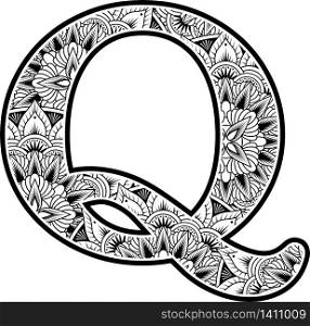 capital letter q with abstract flowers ornaments in black and white. design inspired from mandala art style for coloring. Isolated on white background