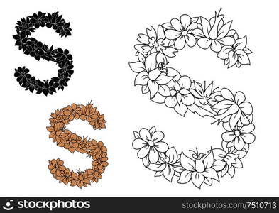 Capital letter S, composed with pattern of flowers and leaves in outline colorless, black and brown variations. Retro alphabet and font element. Letter S composed with pattern of flowers