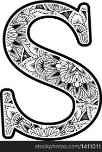 capital letter s with abstract flowers ornaments in black and white. design inspired from mandala art style for coloring. Isolated on white background
