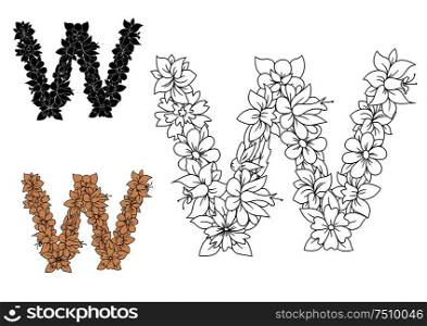 Capital letter W with decorative floral ornament of blooming flowers, for vintage monogram or font design. Floral letter W with blooming flowers