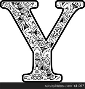 capital letter y with abstract flowers ornaments in black and white. design inspired from mandala art style for coloring. Isolated on white background