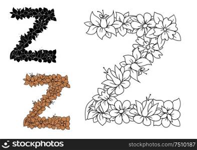 Capital letter Z decorated by vintage floral ornament with cornflowers, daisies and orchids. Colorless, black and brown color variations. Letter Z decorated by vintage floral elements