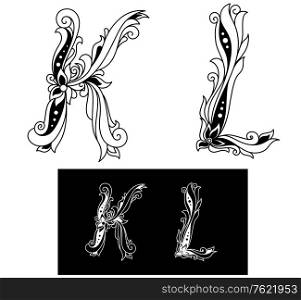 Capital letters K and L in elegant floral style