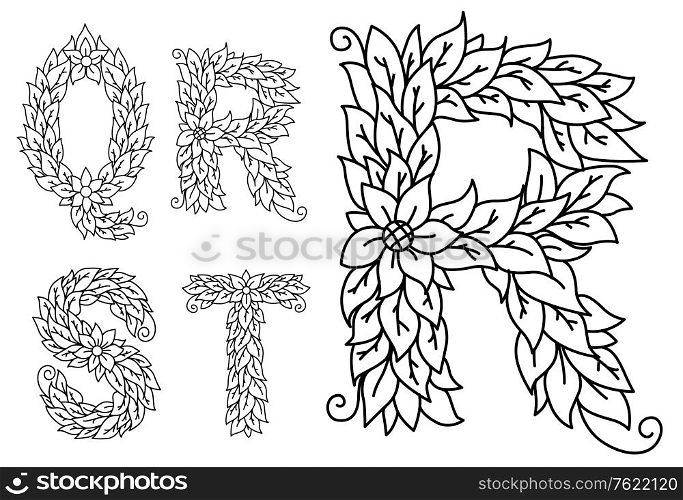 Capital letters Q, R, S, T with floral elements isolated on white background