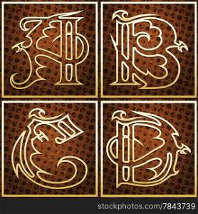 Capital letters set including A, B, C, D, drawn in medieval engraving style with using dragon silhouettes